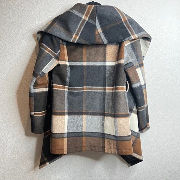 CHICWISH Womens  Shawl Collar Neutral Check Asymmetric Hemline Wool Blend Coat - Picture 6 of 9